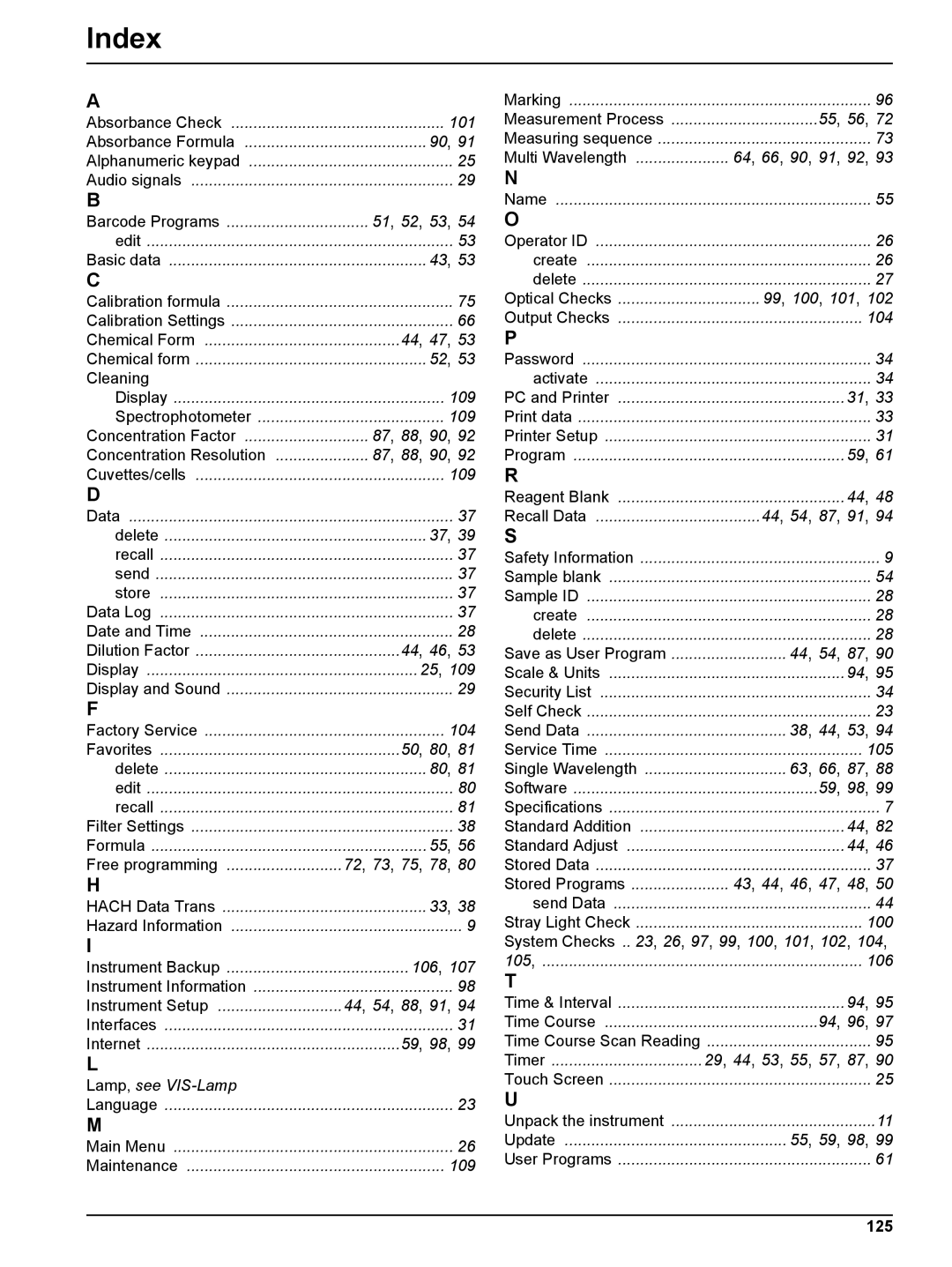 Hach DR 2800 user manual Index, 125 