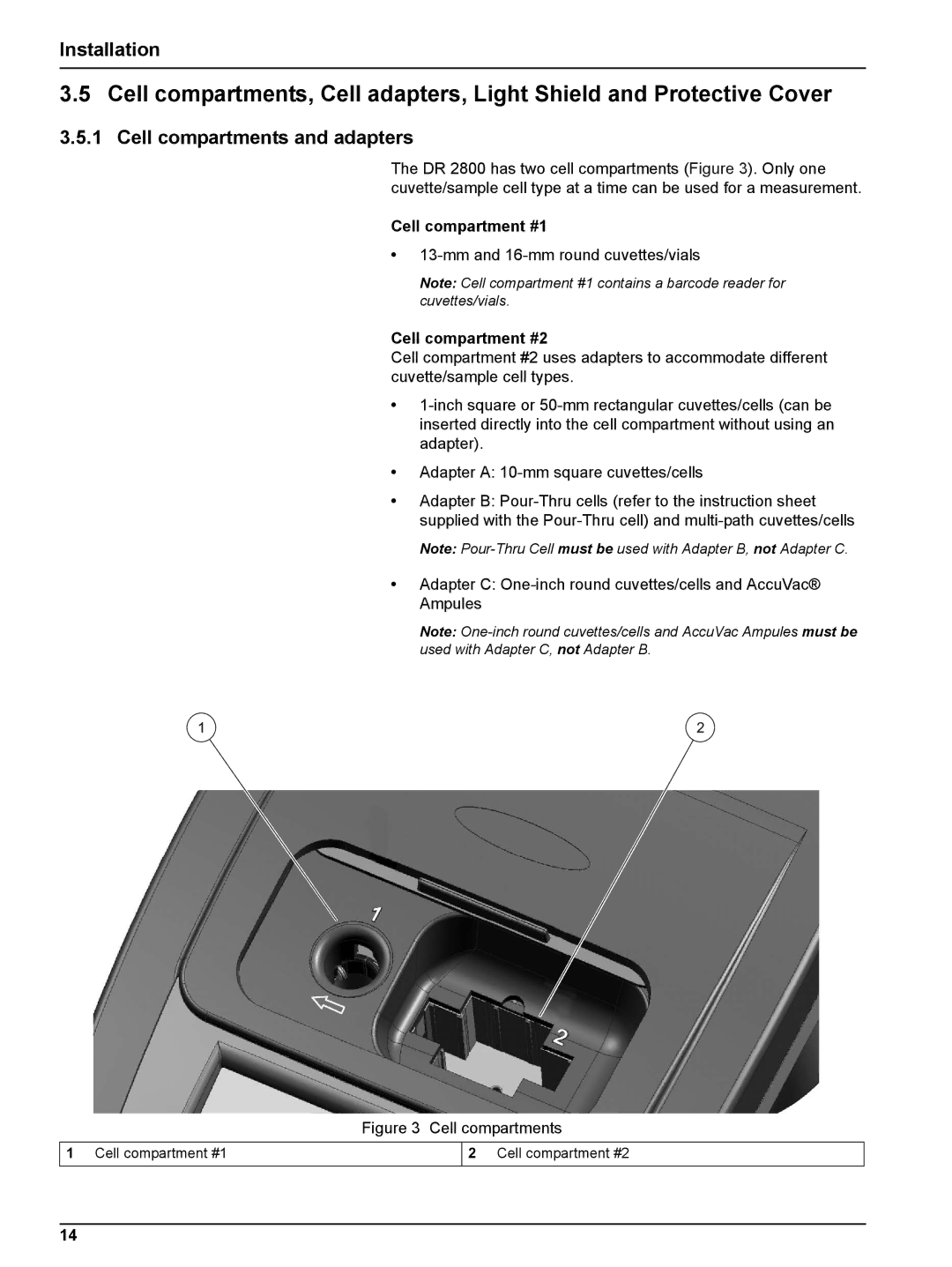 Hach DR 2800 user manual Cell compartments and adapters, Cell compartment #1, Cell compartment #2 