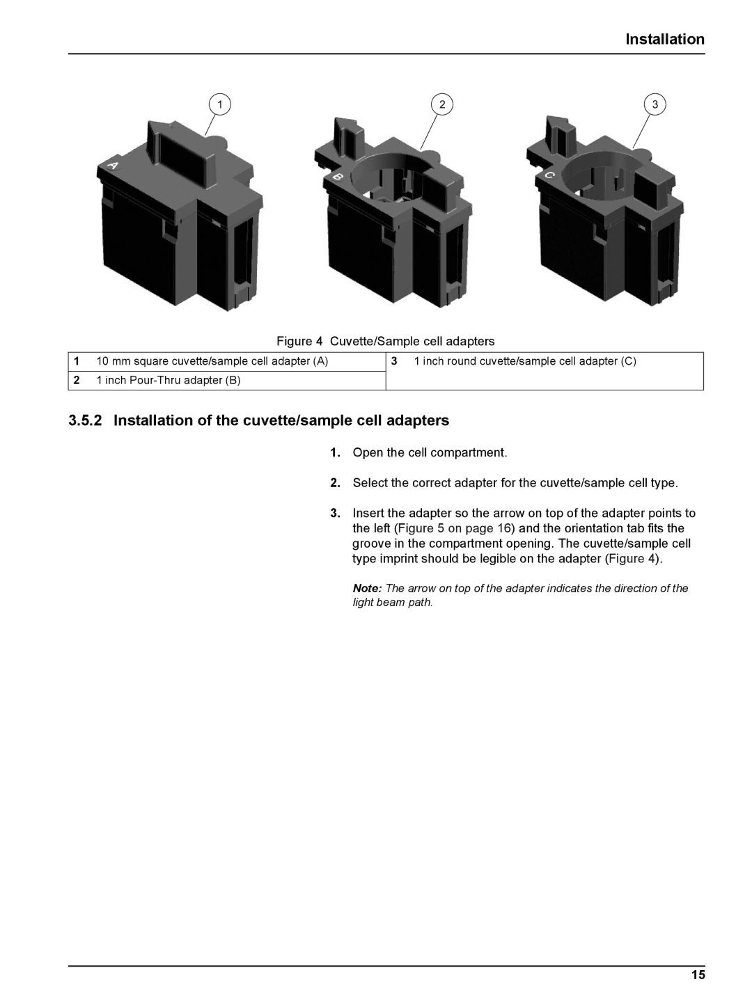 Hach DR 2800 user manual Installation of the cuvette/sample cell adapters, Cuvette/Sample cell adapters 