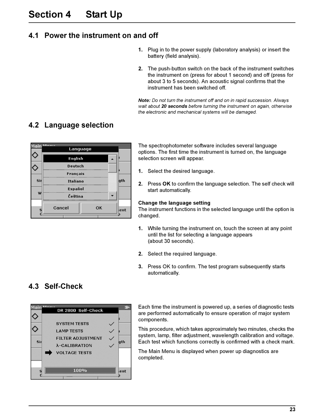 Hach DR 2800 Start Up, Power the instrument on and off, Language selection, Self-Check, Change the language setting 