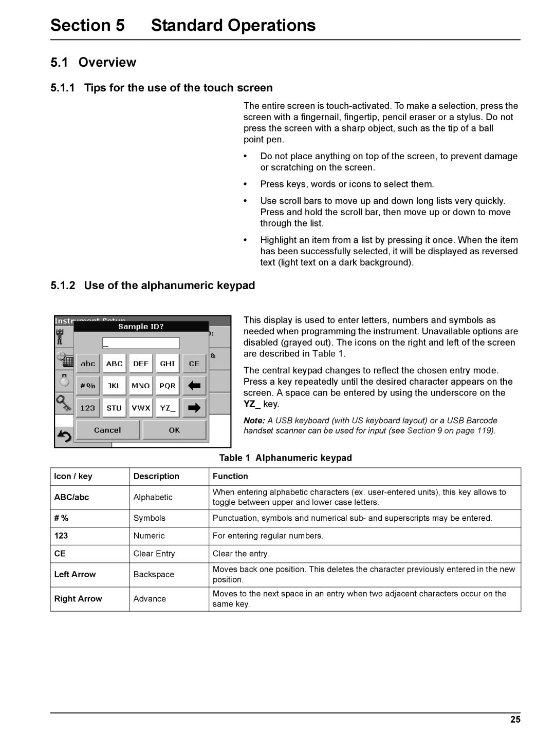 Hach DR 2800 Standard Operations, Overview, Tips for the use of the touch screen, Use of the alphanumeric keypad 