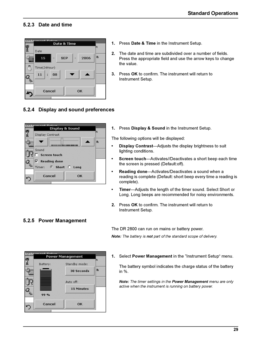 Hach DR 2800 user manual Standard Operations Date and time, Display and sound preferences, Power Management 