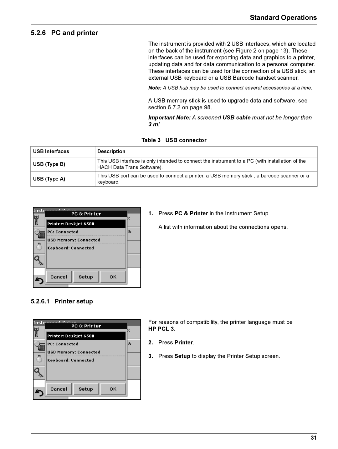 Hach DR 2800 user manual Standard Operations PC and printer, Printer setup, USB connector 