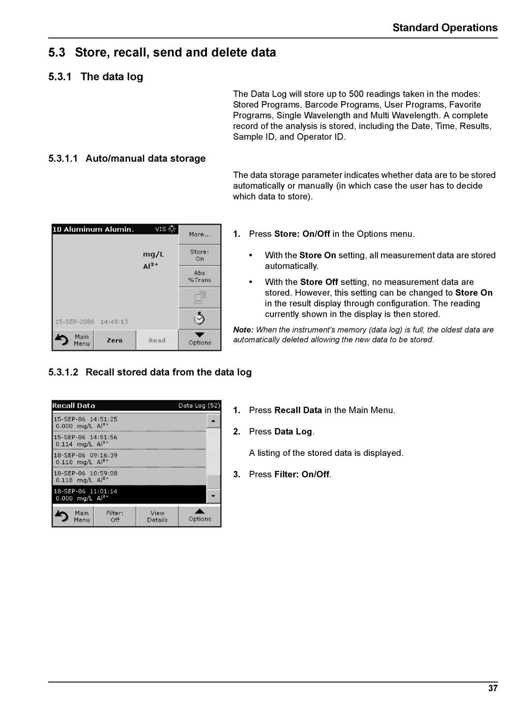 Hach DR 2800 Store, recall, send and delete data, Data log, Auto/manual data storage, Recall stored data from the data log 