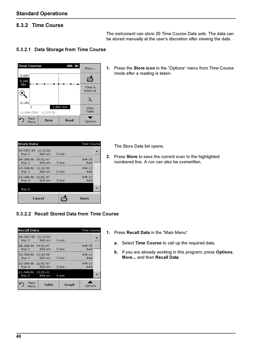 Hach DR 2800 Standard Operations Time Course, Data Storage from Time Course, Recall Stored Data from Time Course 