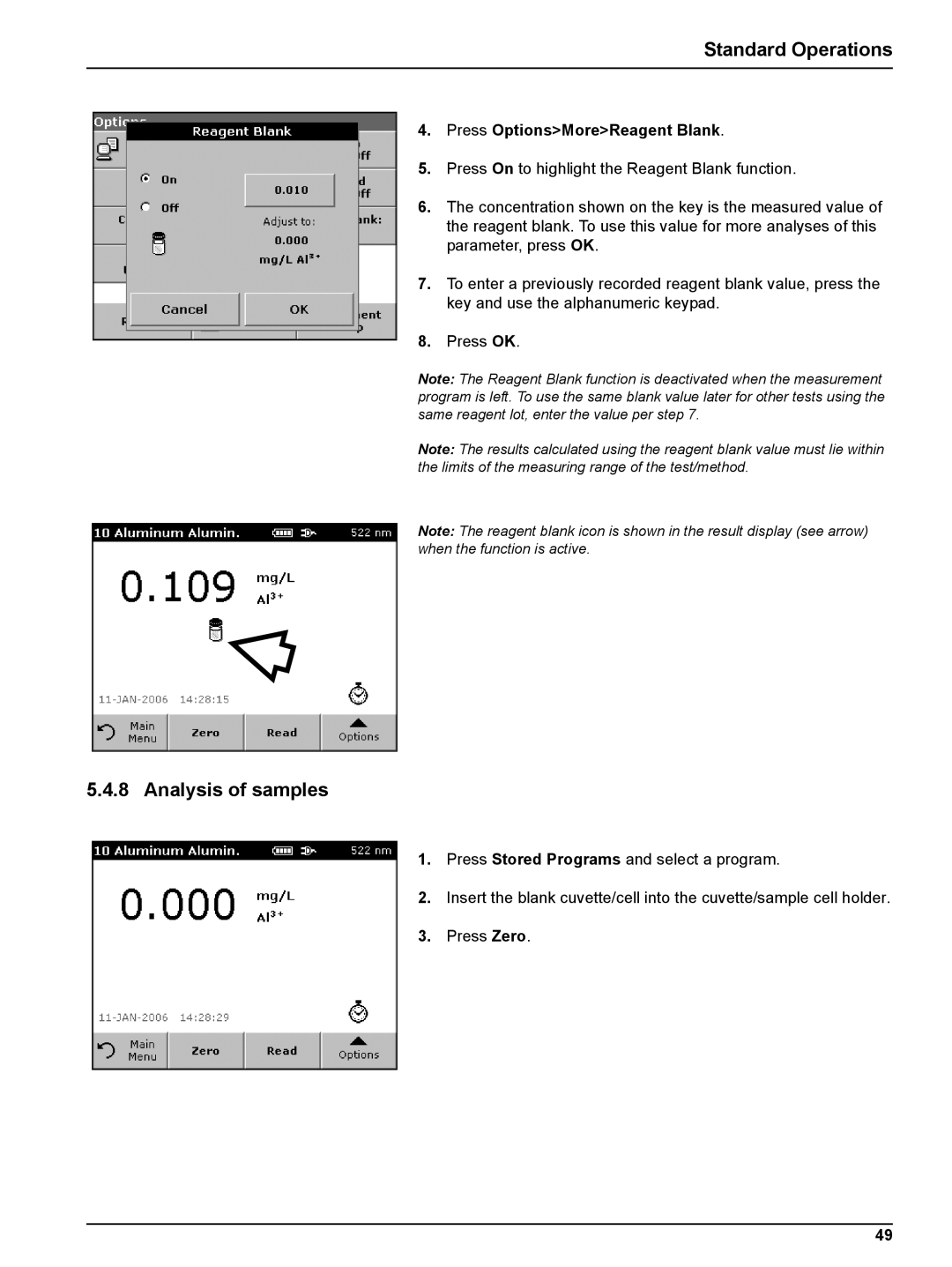 Hach DR 2800 user manual Analysis of samples, Press OptionsMoreReagent Blank 