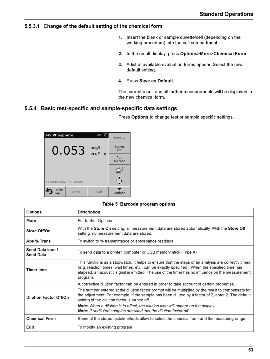 Hach DR 2800 user manual Basic test-specific and sample-specific data settings, Barcode program options, Program 