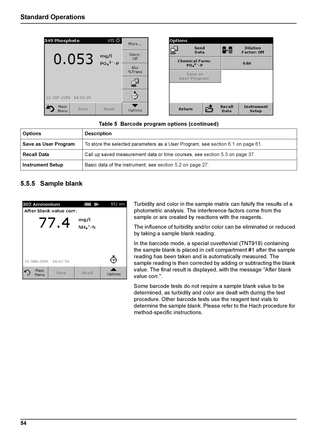 Hach DR 2800 user manual Sample blank, Options Description Save as User Program 