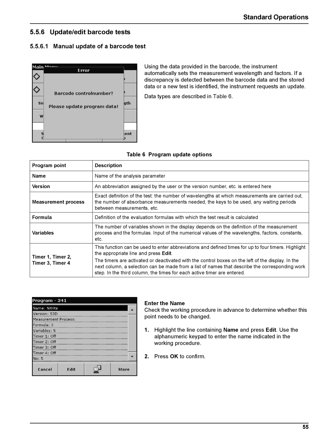 Hach DR 2800 Standard Operations Update/edit barcode tests, Manual update of a barcode test, Program update options 