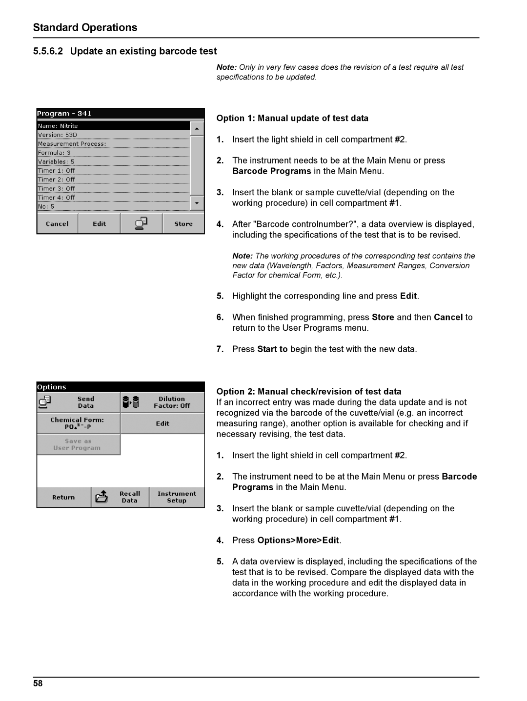 Hach DR 2800 user manual Update an existing barcode test, Option 1 Manual update of test data, Press OptionsMoreEdit 