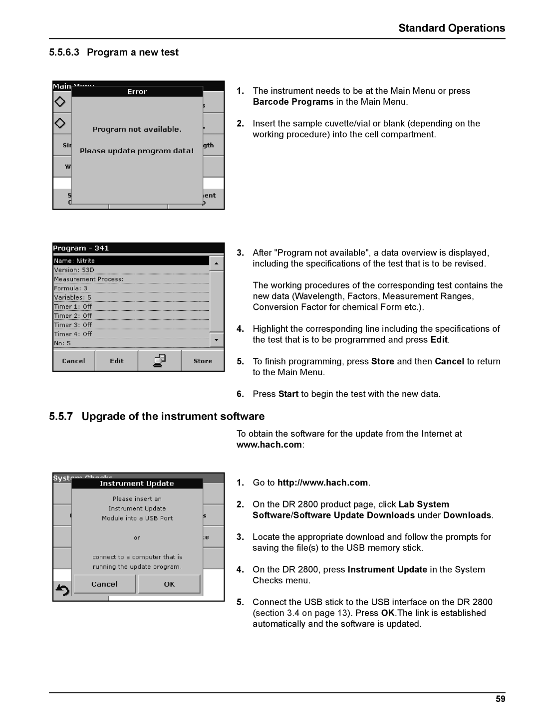 Hach DR 2800 Upgrade of the instrument software, Program a new test, Software/Software Update Downloads under Downloads 