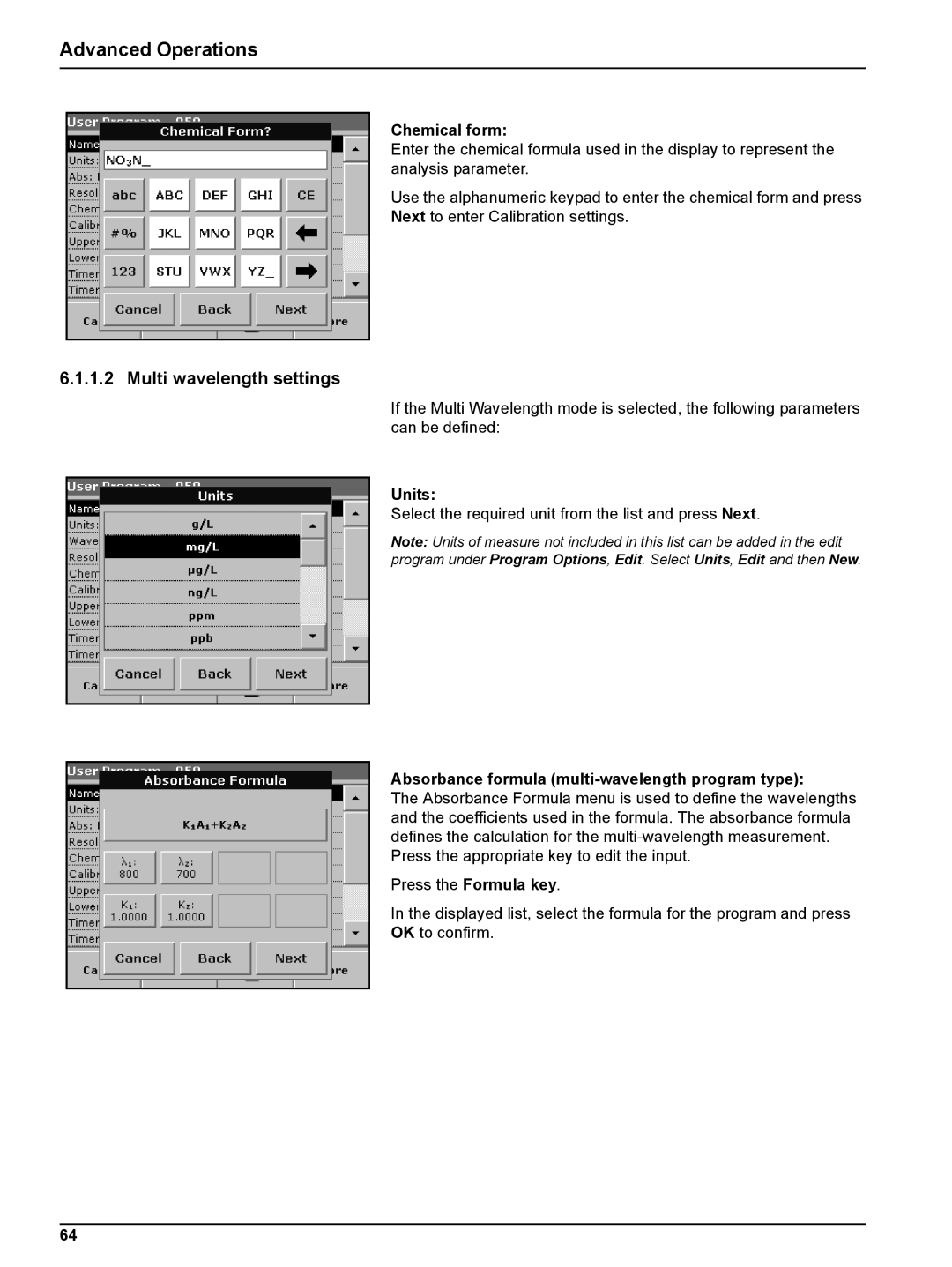 Hach DR 2800 user manual Multi wavelength settings, Chemical form, Absorbance formula multi-wavelength program type 