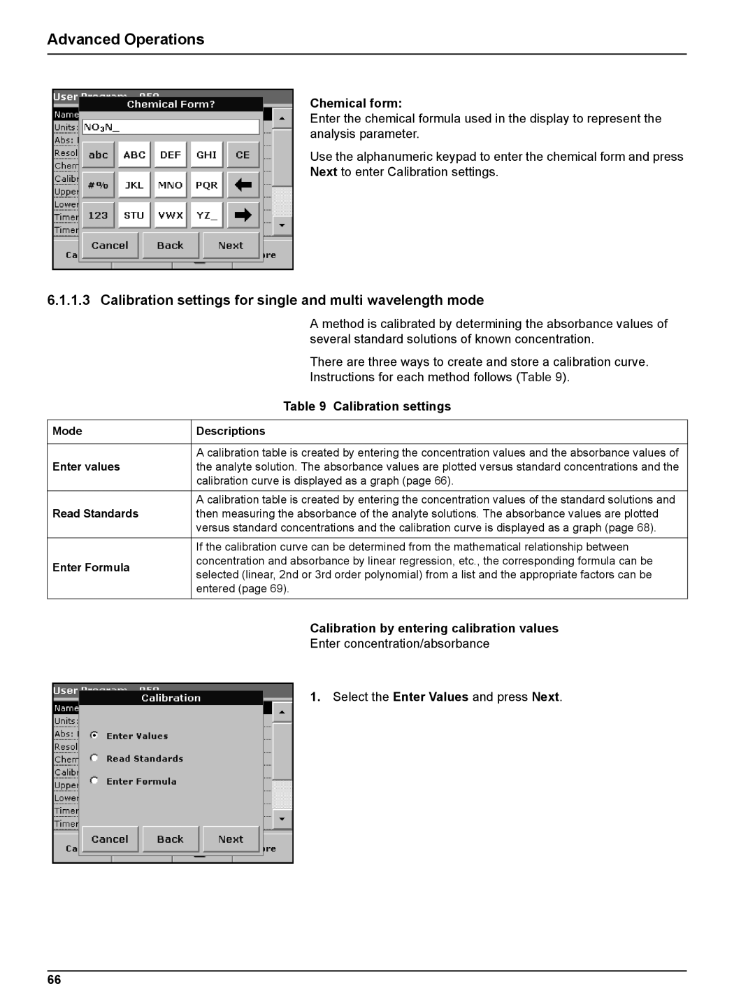 Hach DR 2800 Calibration settings for single and multi wavelength mode, Calibration by entering calibration values 