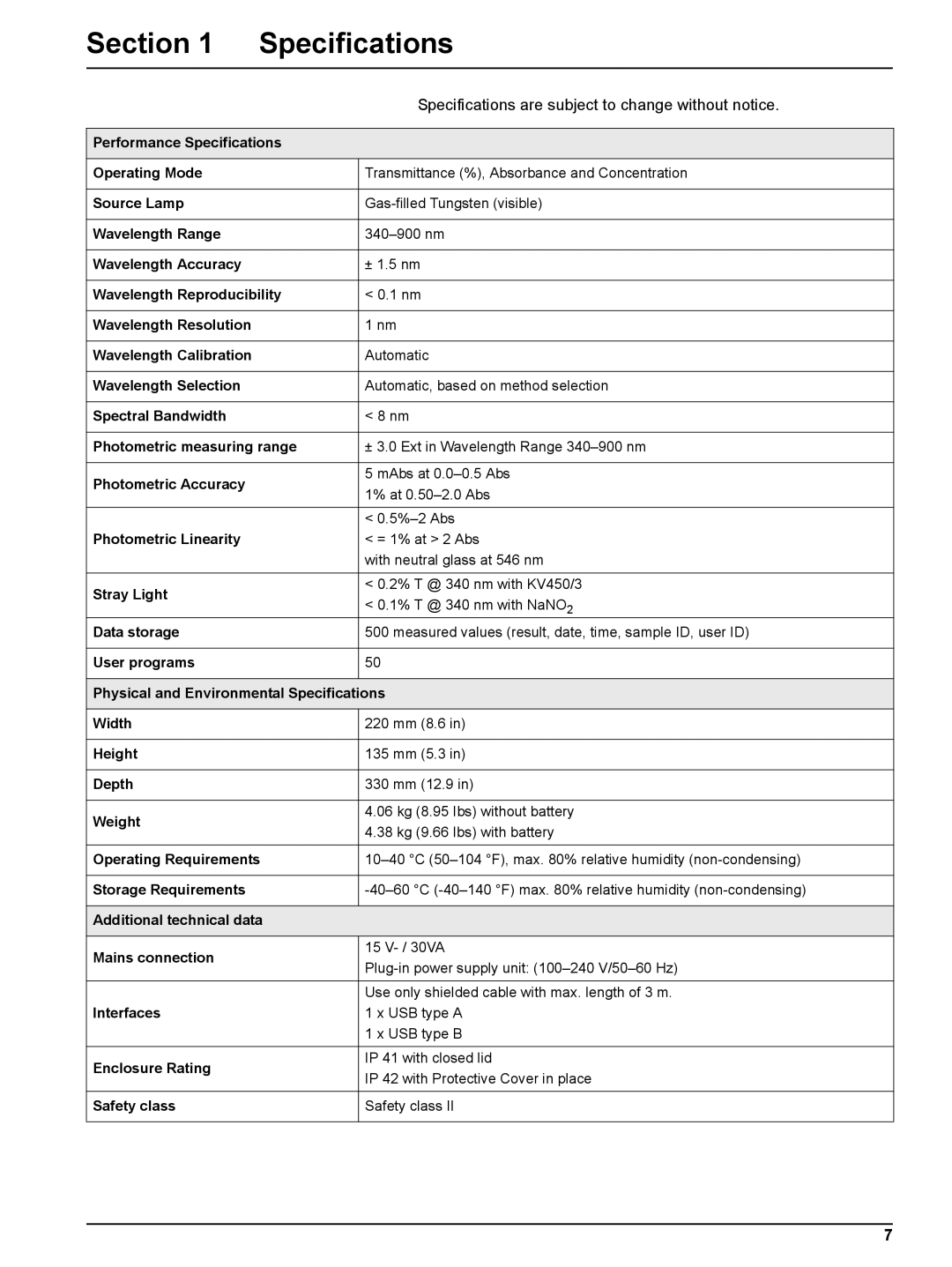 Hach DR 2800 user manual Section Specifications 