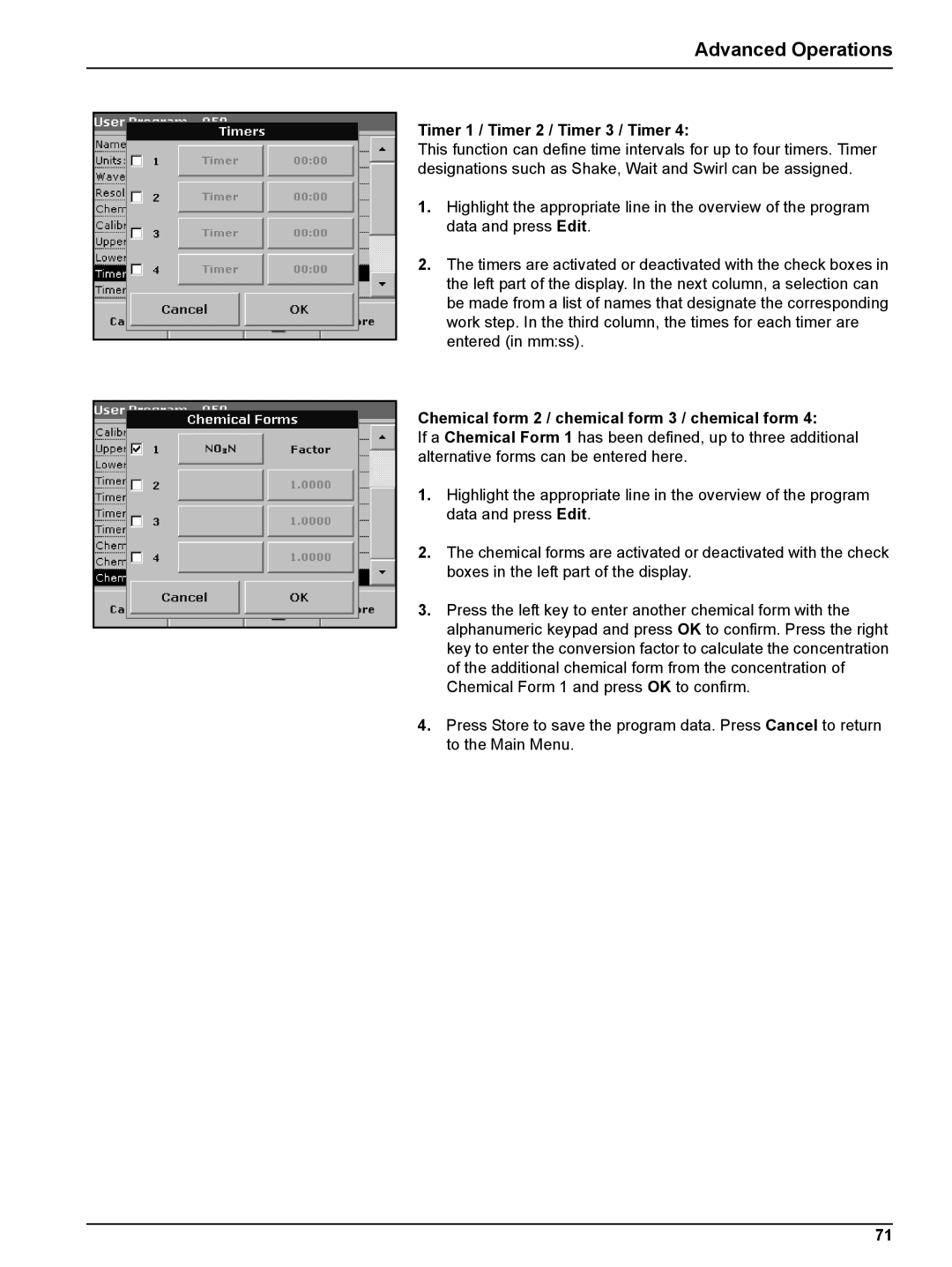 Hach DR 2800 user manual Timer 1 / Timer 2 / Timer 3 / Timer, Chemical form 2 / chemical form 3 / chemical form 