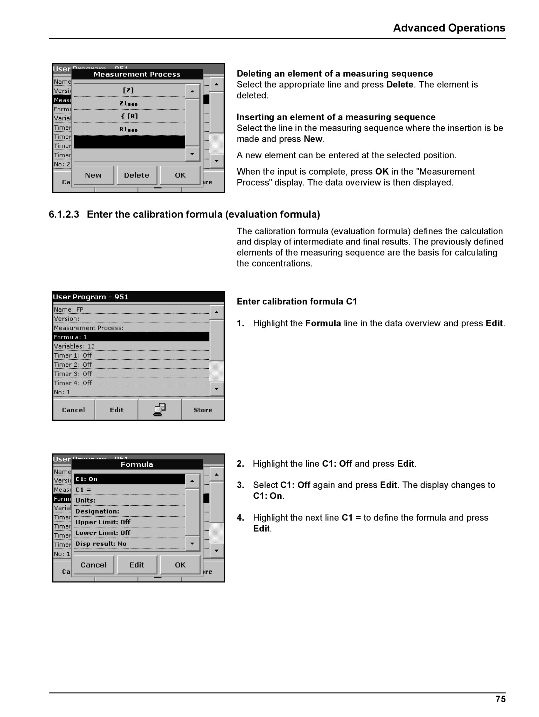 Hach DR 2800 Enter the calibration formula evaluation formula, Deleting an element of a measuring sequence, C1 On 