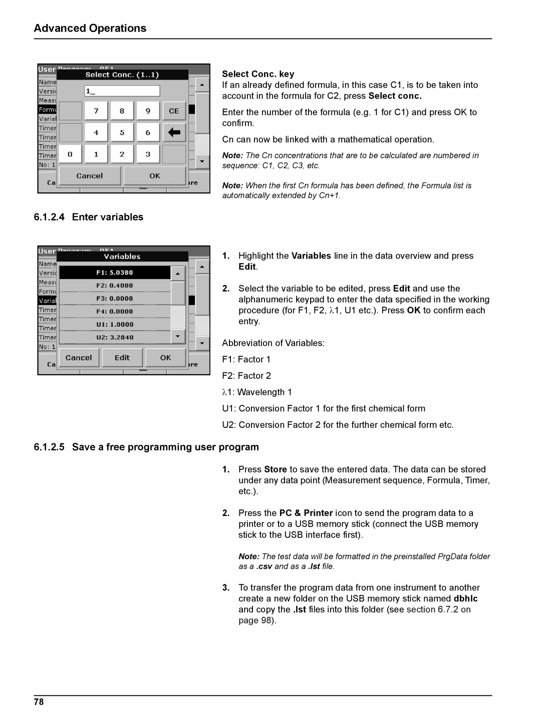 Hach DR 2800 user manual Enter variables, Save a free programming user program, Select Conc. key 