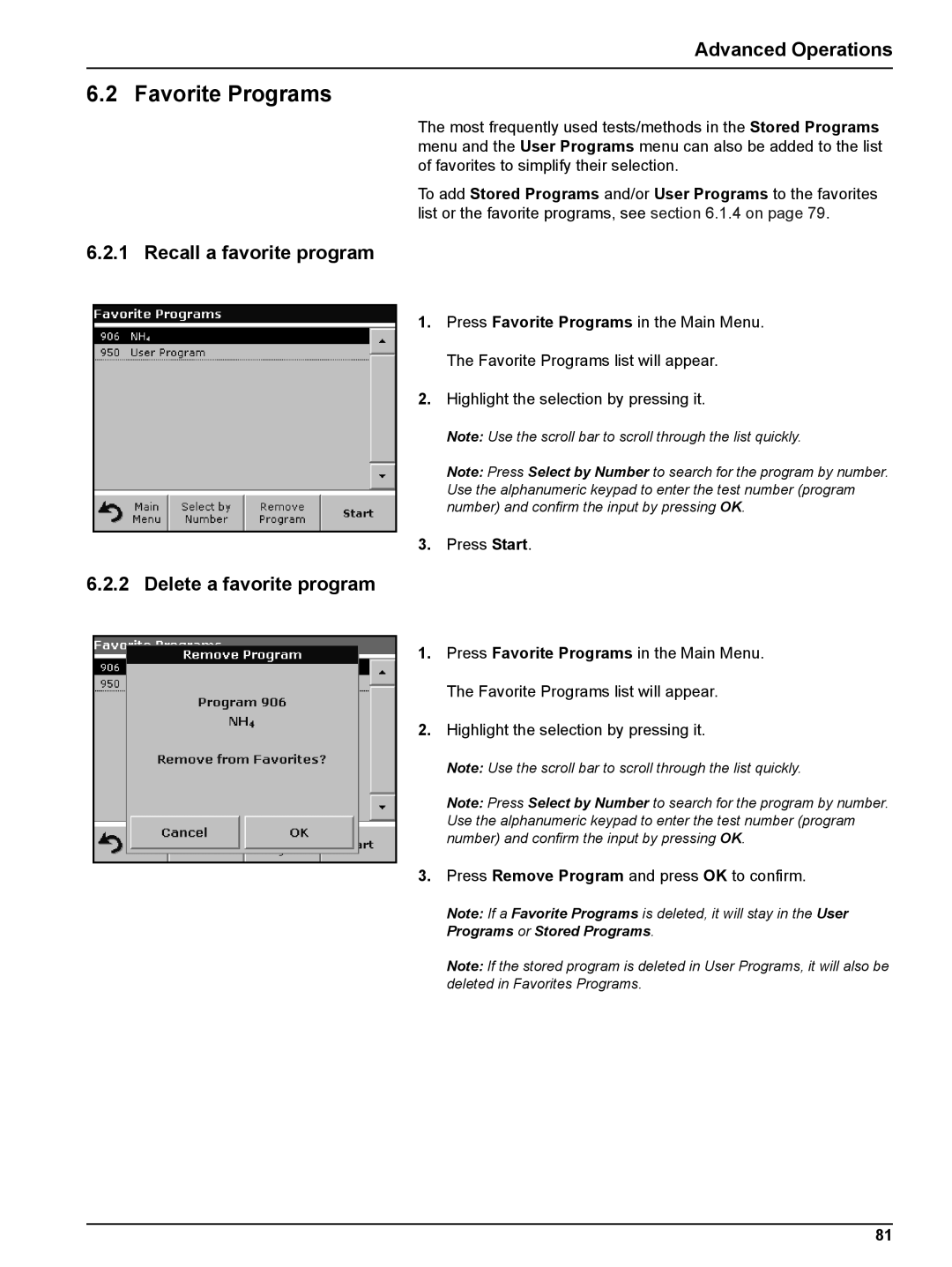 Hach DR 2800 user manual Favorite Programs, Recall a favorite program, Delete a favorite program 