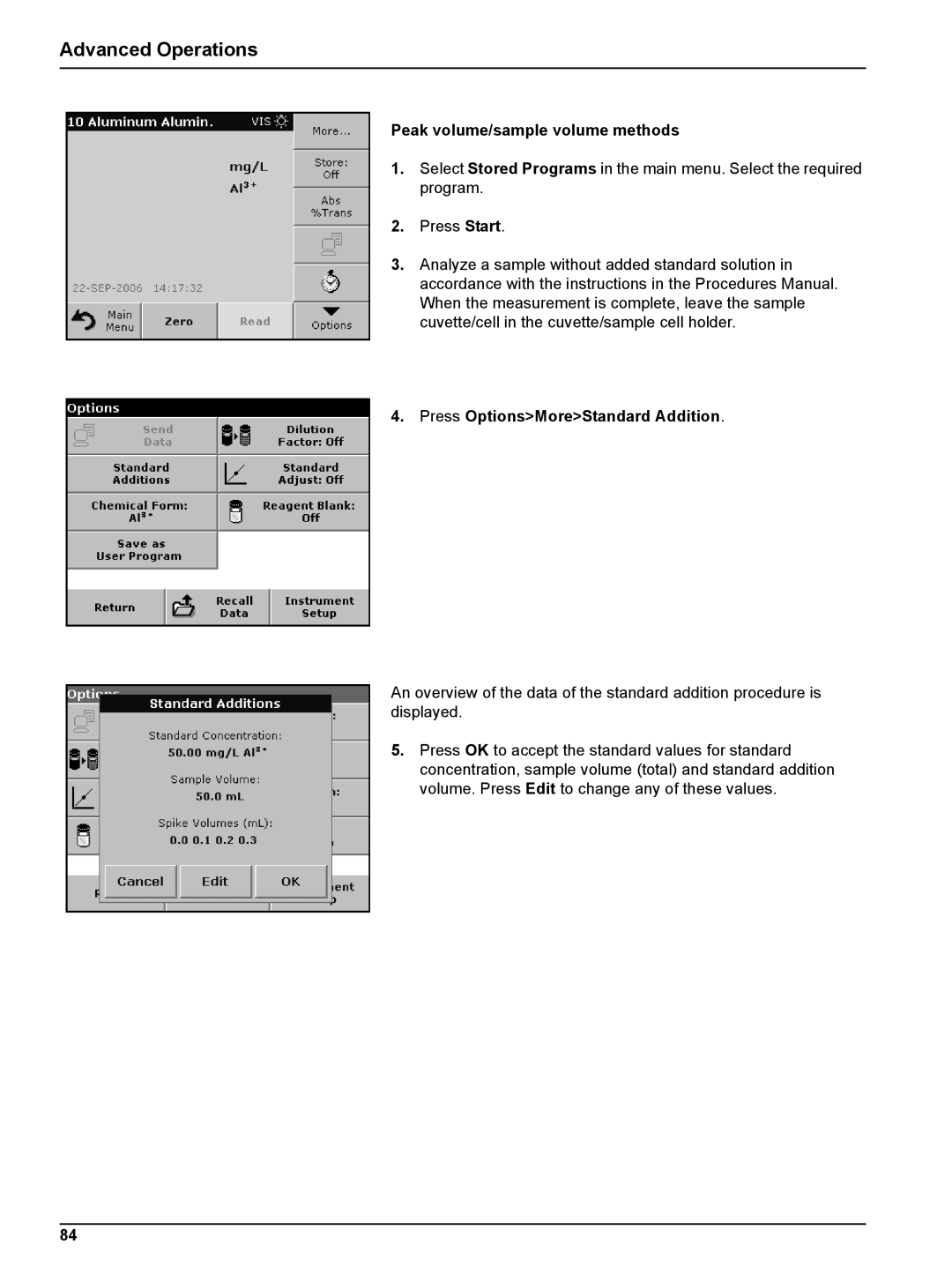 Hach DR 2800 user manual Peak volume/sample volume methods, Press OptionsMoreStandard Addition 