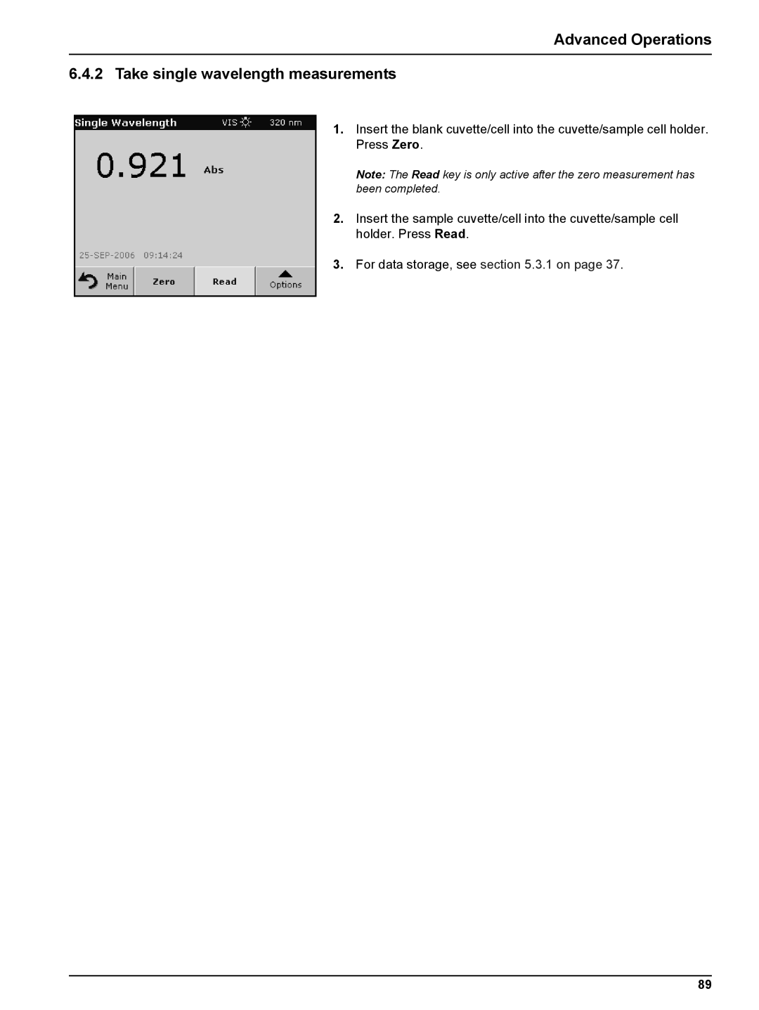 Hach DR 2800 user manual Advanced Operations Take single wavelength measurements 