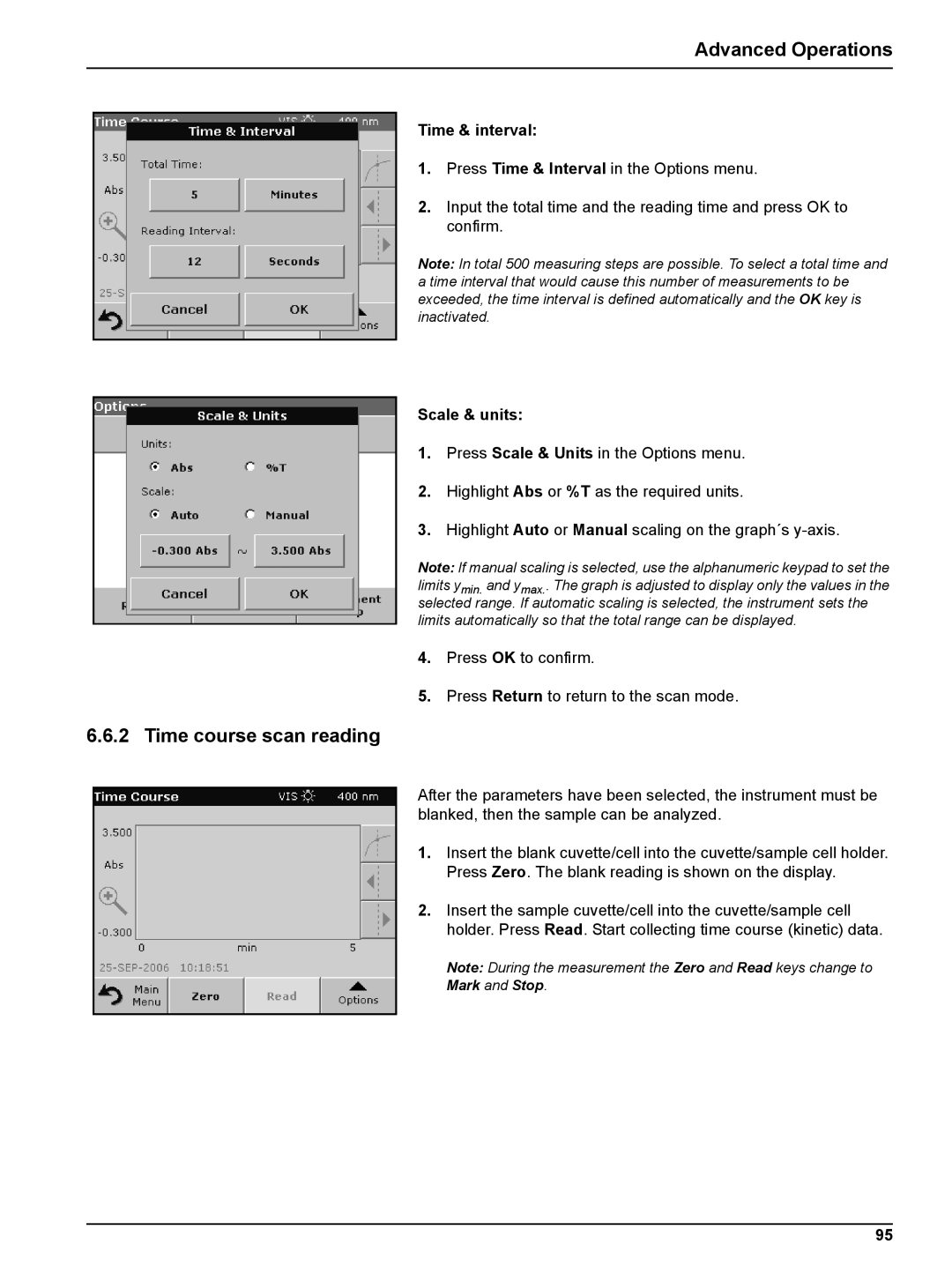 Hach DR 2800 user manual Time course scan reading, Time & interval, Scale & units 