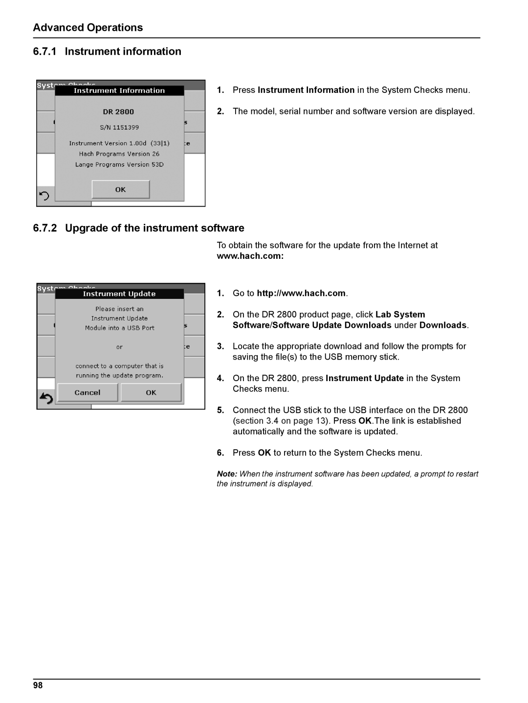 Hach DR 2800 user manual Advanced Operations Instrument information, Upgrade of the instrument software 