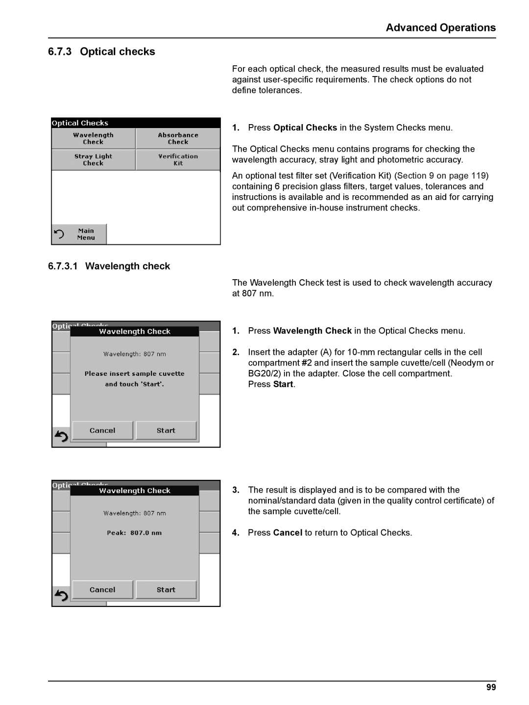 Hach DR 2800 user manual Advanced Operations Optical checks, Wavelength check 