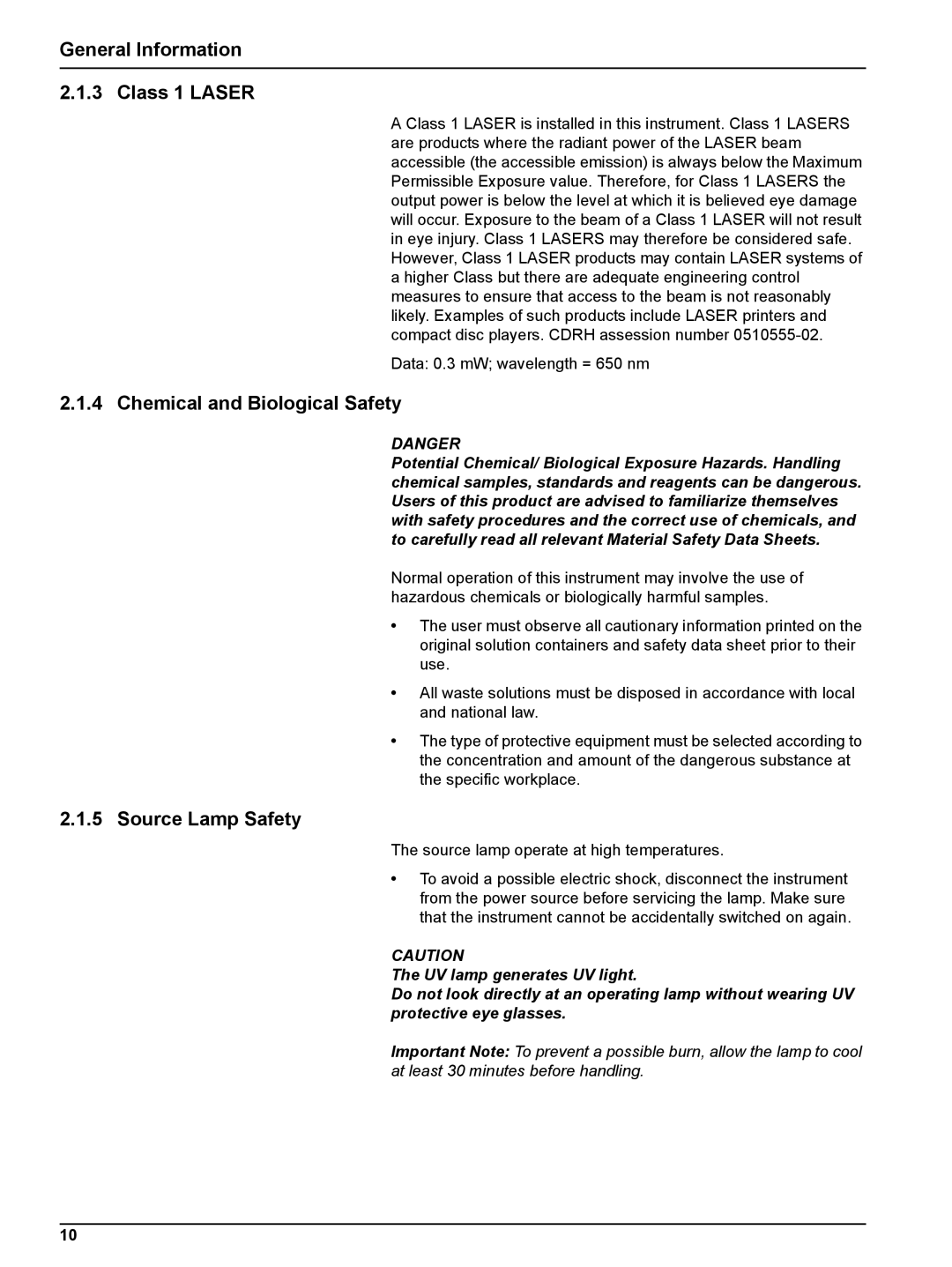 Hach DR 5000 user manual General Information Class 1 Laser, Chemical and Biological Safety, Source Lamp Safety 