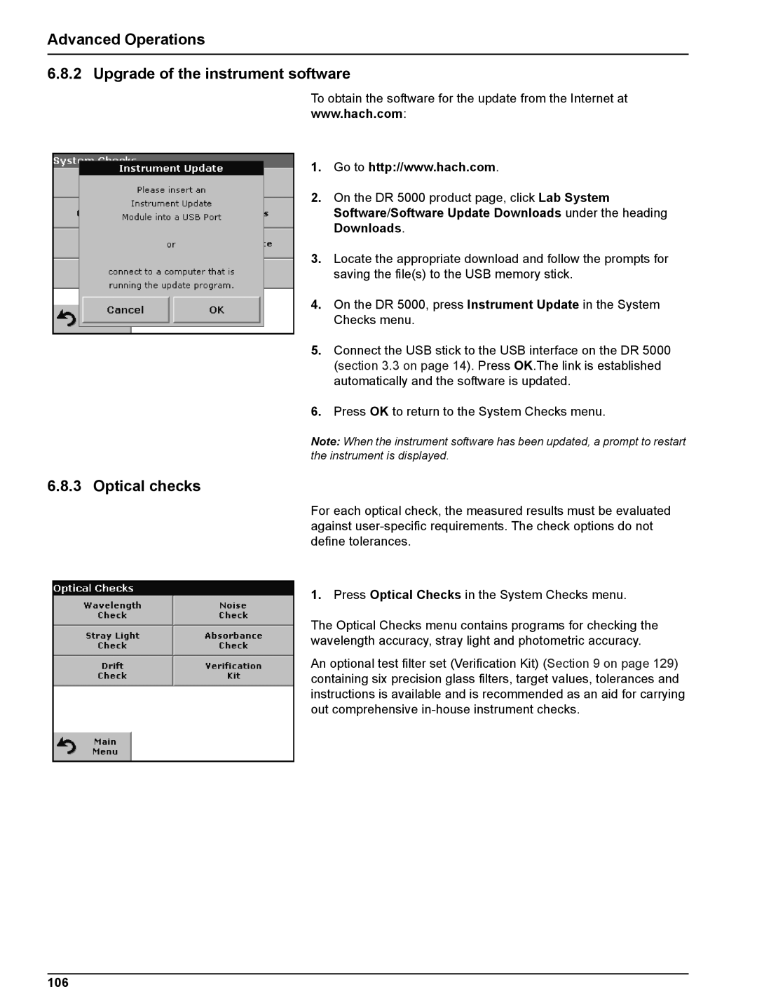 Hach DR 5000 user manual Advanced Operations Upgrade of the instrument software, Optical checks, 106 