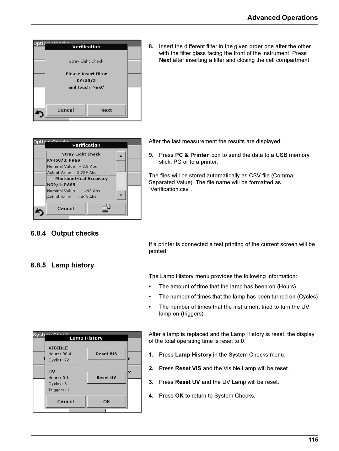 Hach DR 5000 user manual Output checks, Lamp history, 115 