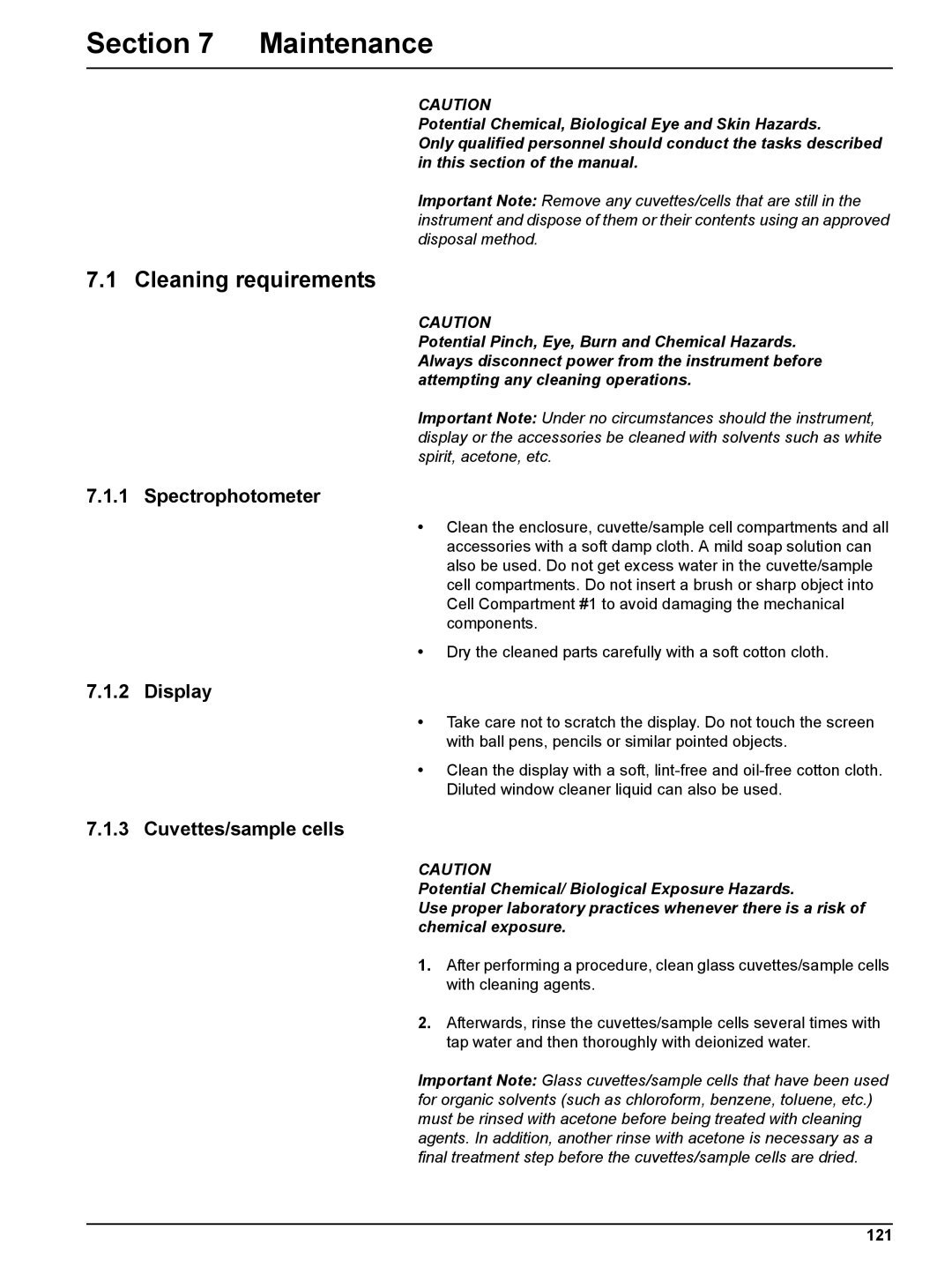 Hach DR 5000 user manual Maintenance, Cleaning requirements, Spectrophotometer, Display, Cuvettes/sample cells 