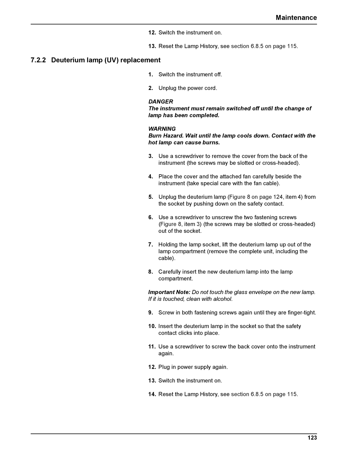 Hach DR 5000 user manual Deuterium lamp UV replacement, 123 