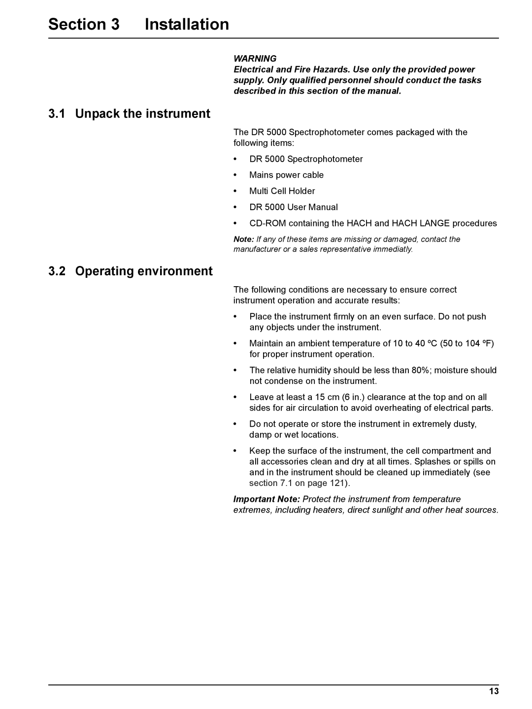 Hach DR 5000 user manual Section Installation, Unpack the instrument, Operating environment 