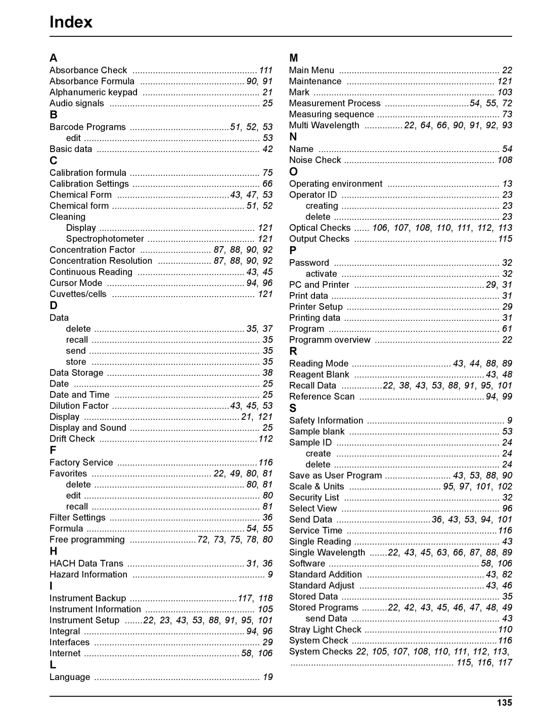 Hach DR 5000 user manual Index, 135 