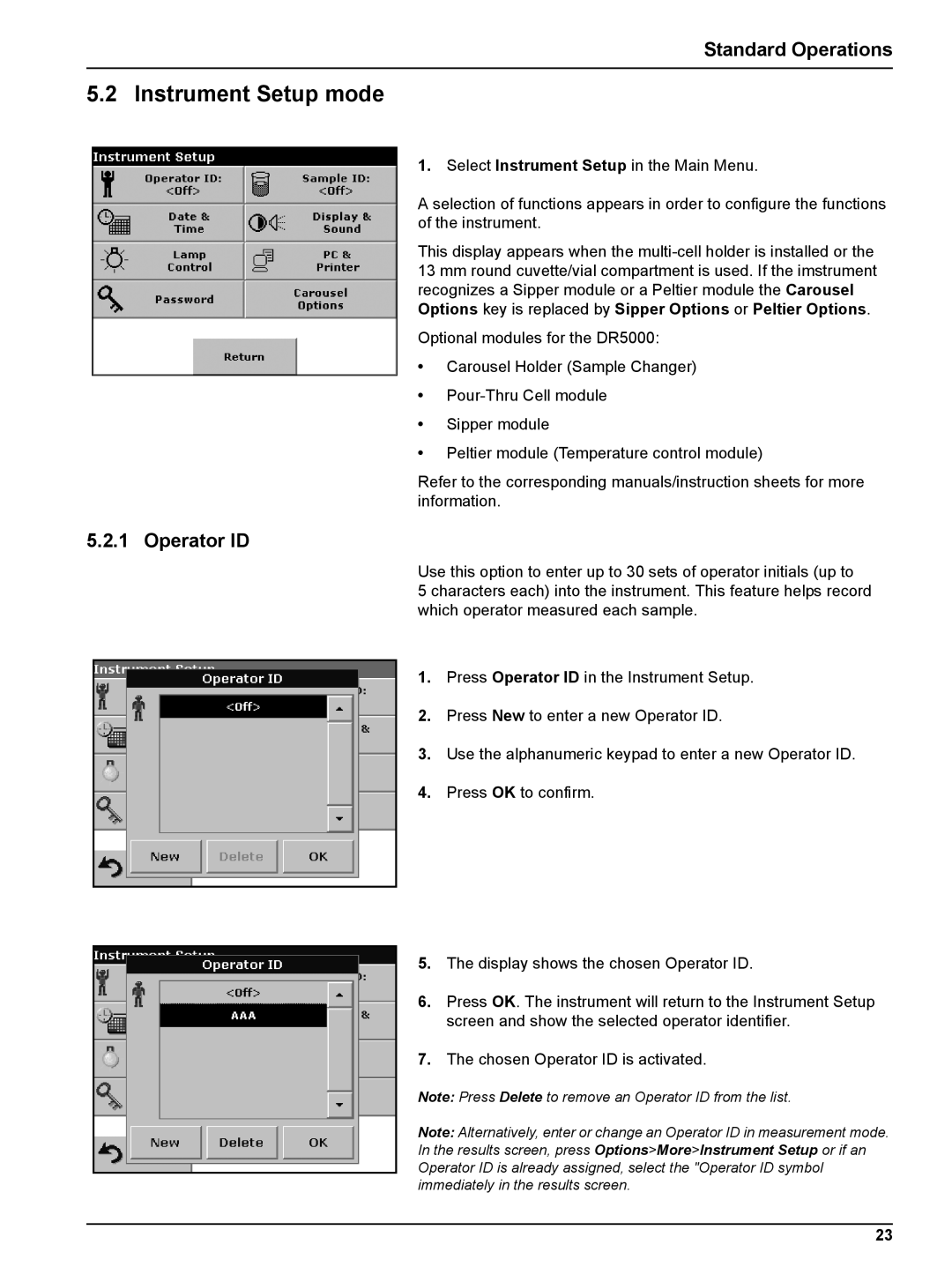 Hach DR 5000 user manual Instrument Setup mode, Standard Operations, Operator ID 