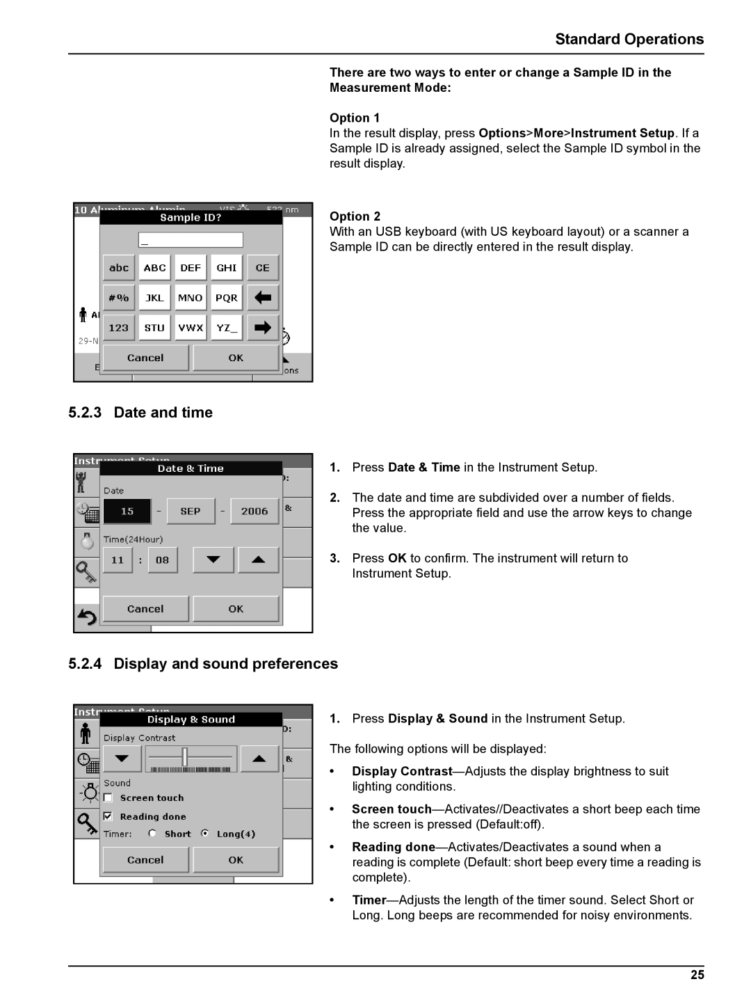 Hach DR 5000 user manual Date and time, Display and sound preferences 