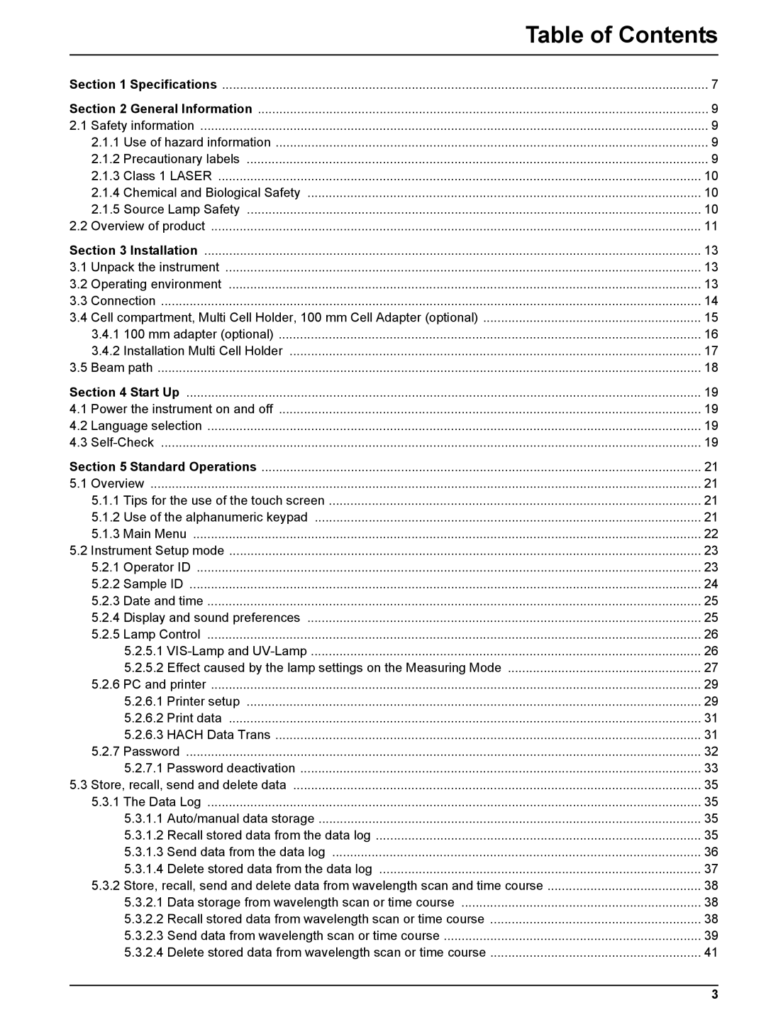 Hach DR 5000 user manual Table of Contents 