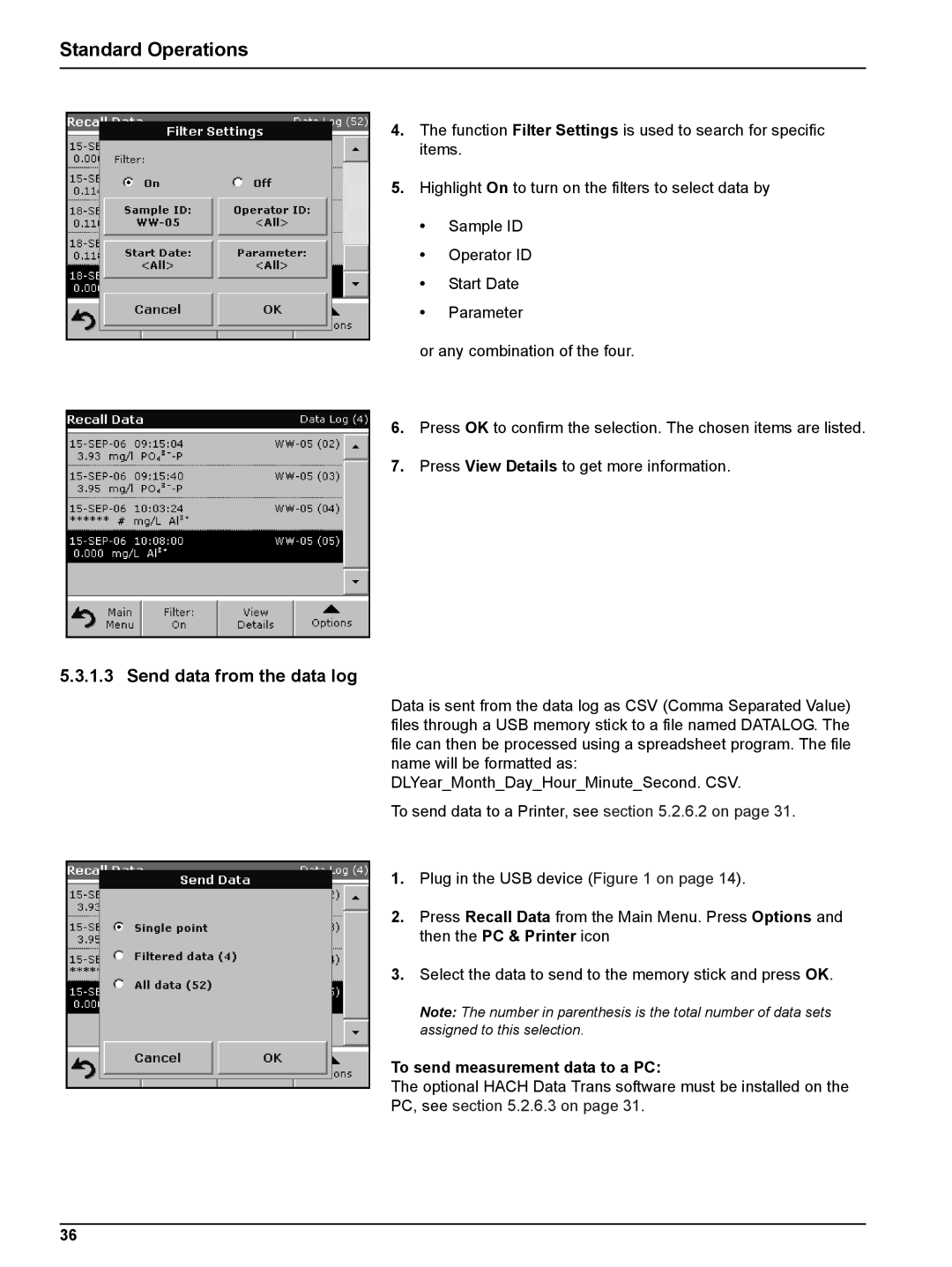 Hach DR 5000 user manual Send data from the data log, To send measurement data to a PC 