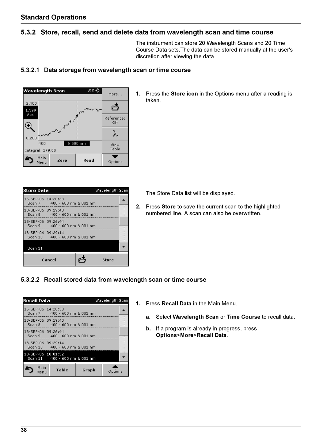 Hach DR 5000 Data storage from wavelength scan or time course, Recall stored data from wavelength scan or time course 