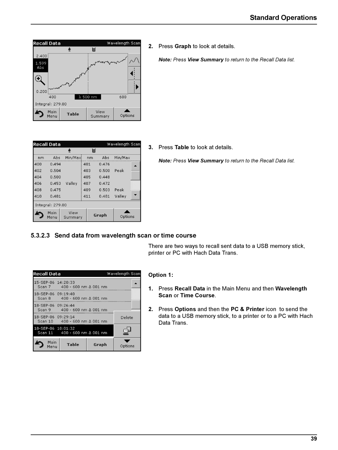 Hach DR 5000 user manual Send data from wavelength scan or time course, Option 