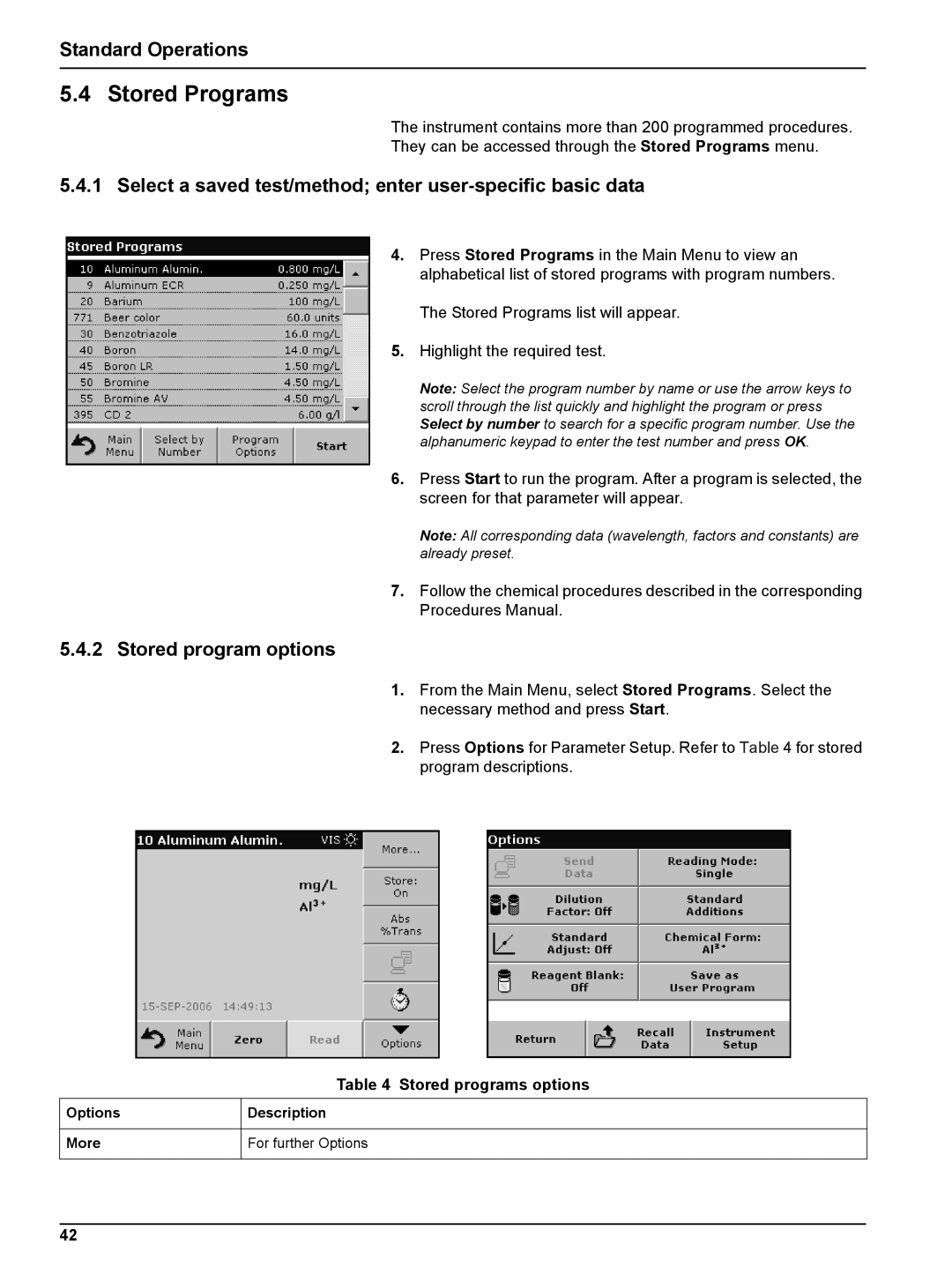 Hach DR 5000 user manual Stored Programs, Select a saved test/method enter user-specific basic data, Stored program options 