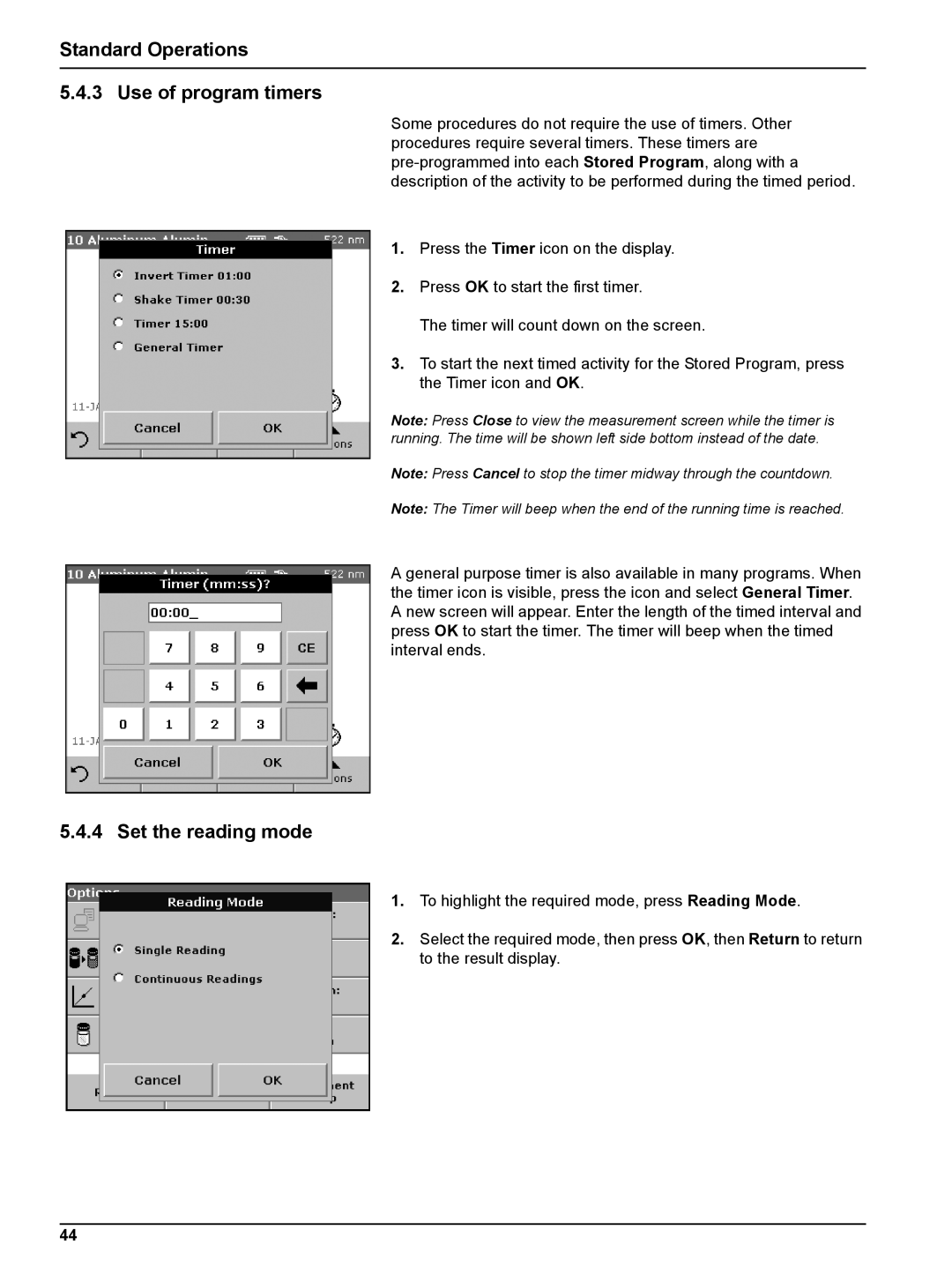 Hach DR 5000 user manual Standard Operations Use of program timers, Set the reading mode 