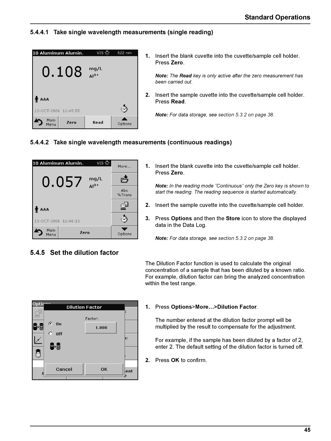 Hach DR 5000 user manual Set the dilution factor, Take single wavelength measurements single reading 