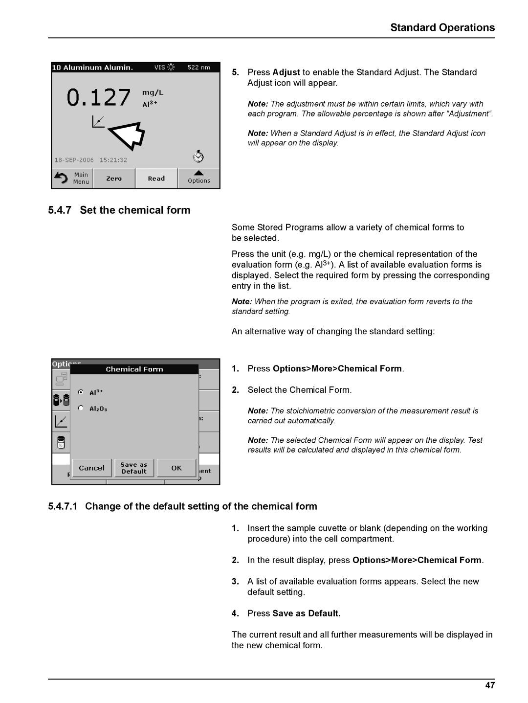 Hach DR 5000 Set the chemical form, Change of the default setting of the chemical form, Press OptionsMoreChemical Form 