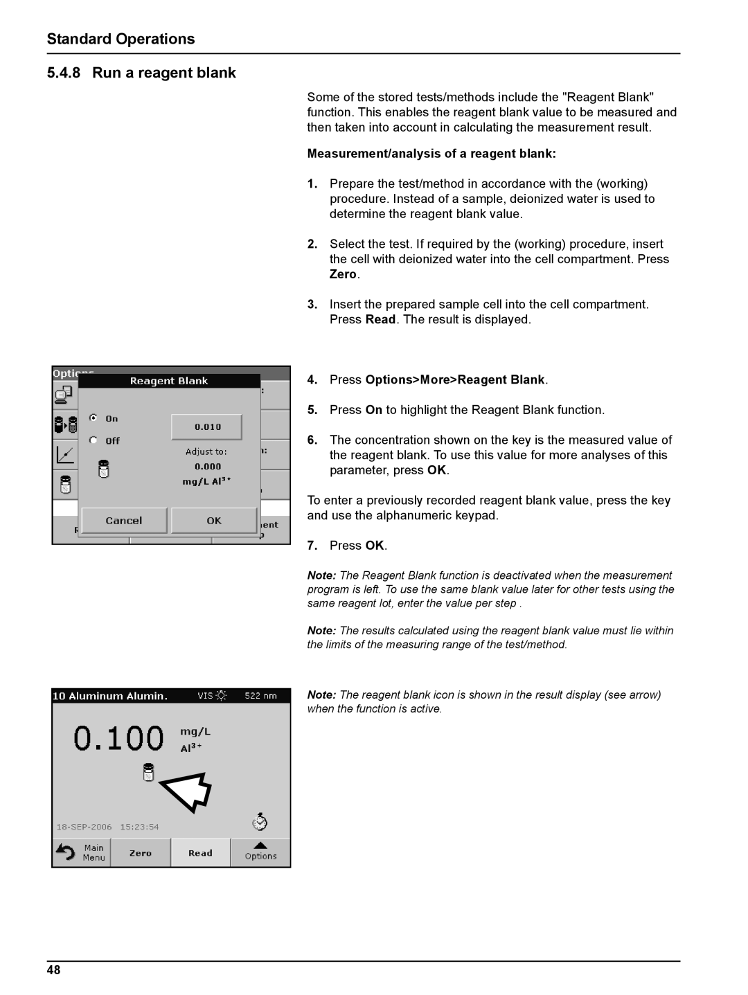 Hach DR 5000 user manual Standard Operations Run a reagent blank, Measurement/analysis of a reagent blank 