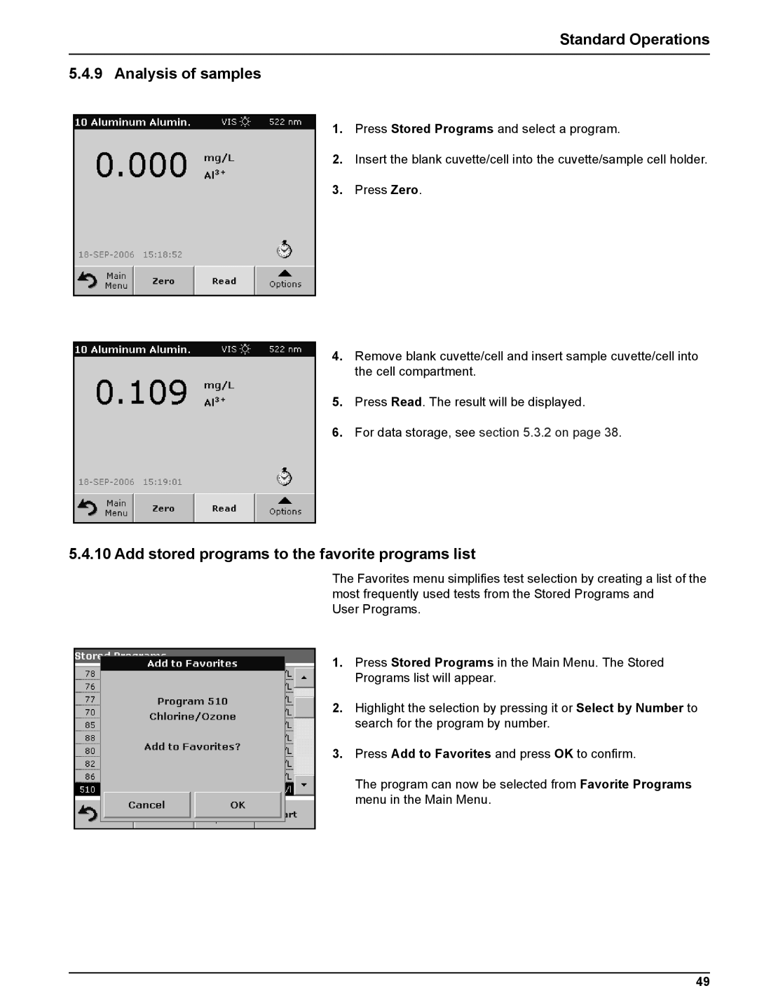 Hach DR 5000 user manual Standard Operations Analysis of samples, Add stored programs to the favorite programs list 