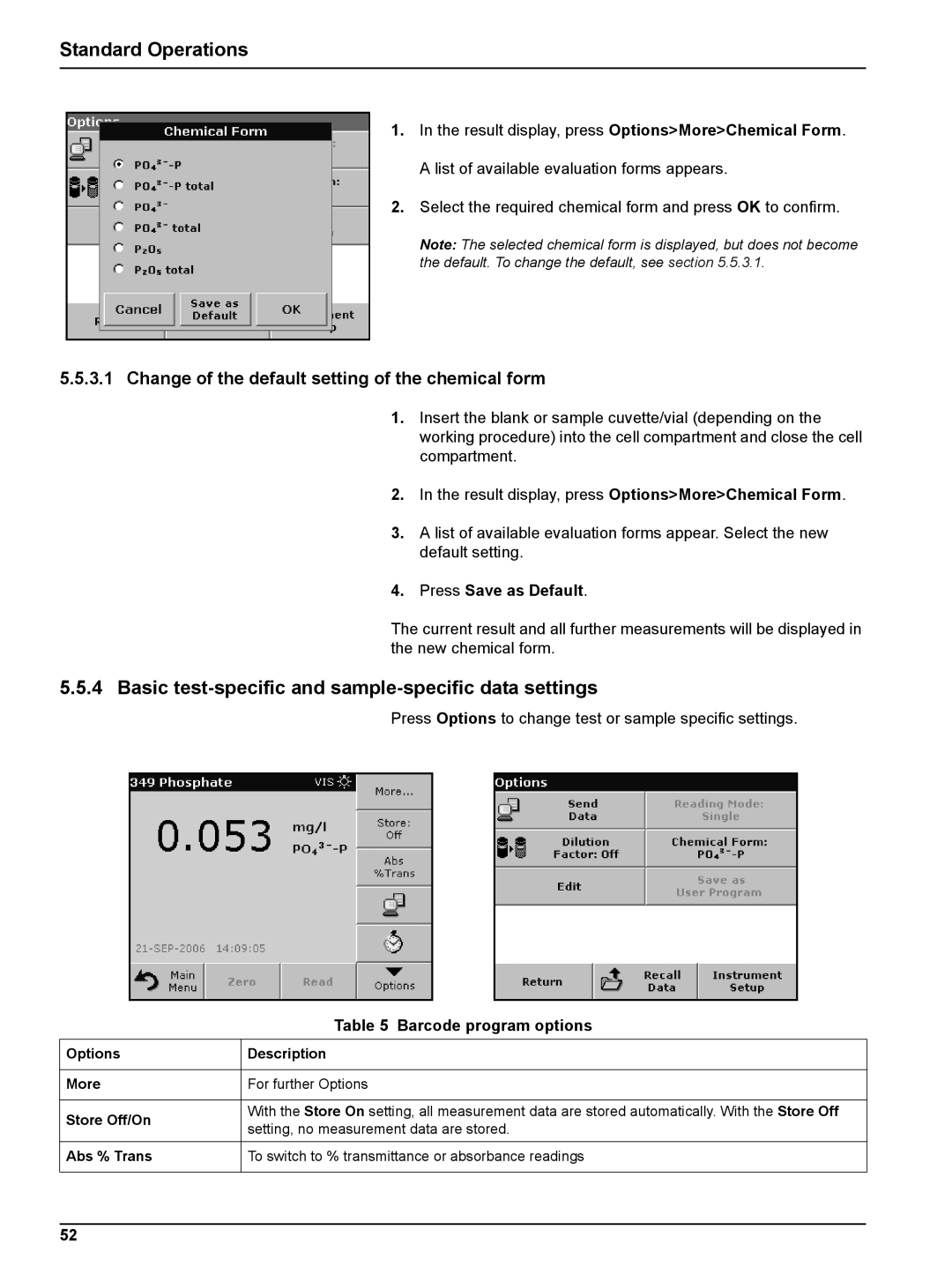 Hach DR 5000 user manual Basic test-specific and sample-specific data settings, Barcode program options 