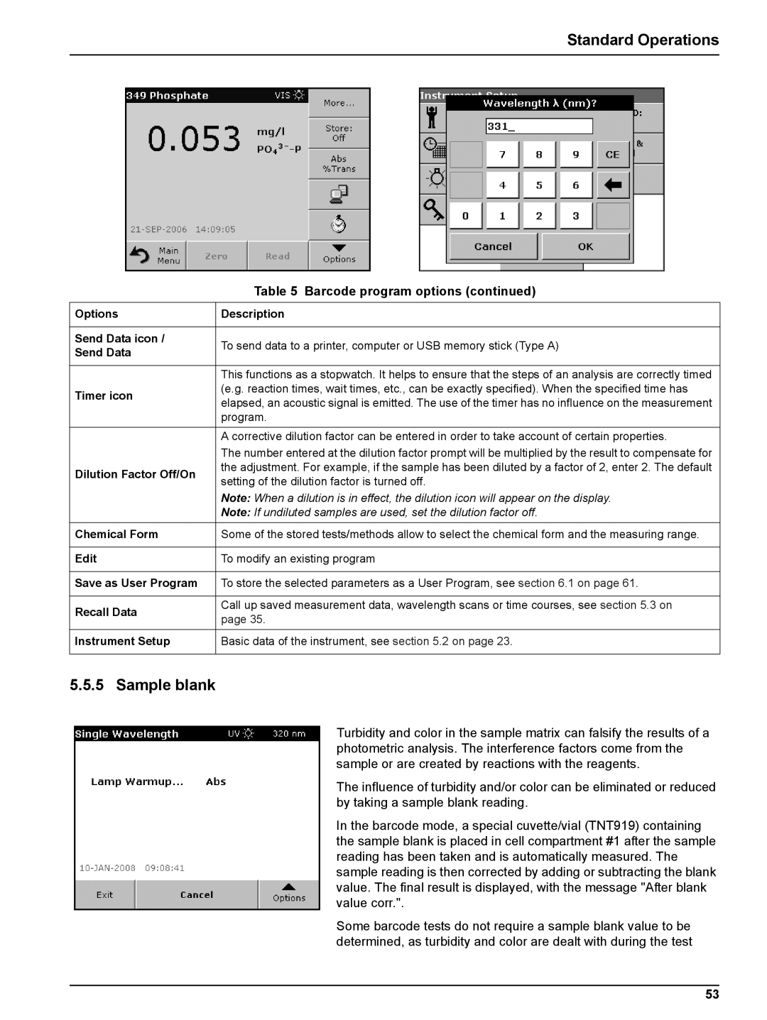 Hach DR 5000 user manual Sample blank, Options Description Send Data icon, Edit 