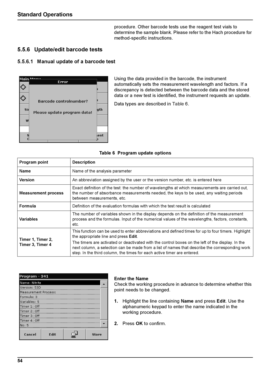 Hach DR 5000 user manual Update/edit barcode tests, Manual update of a barcode test, Program update options, Enter the Name 