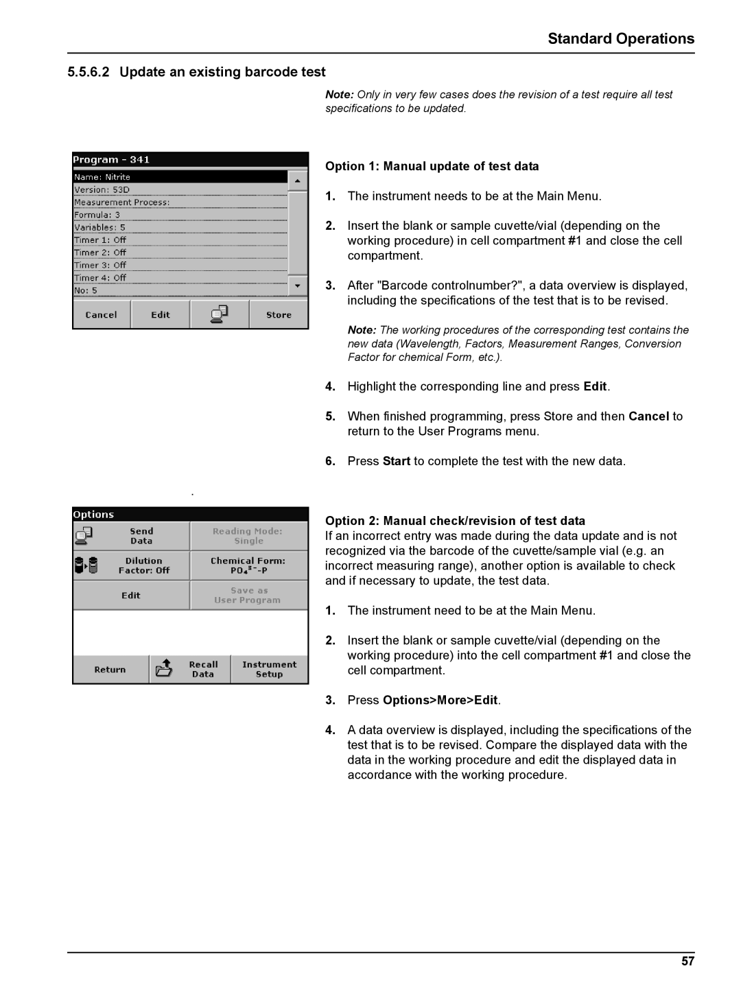 Hach DR 5000 user manual Update an existing barcode test, Option 1 Manual update of test data, Press OptionsMoreEdit 